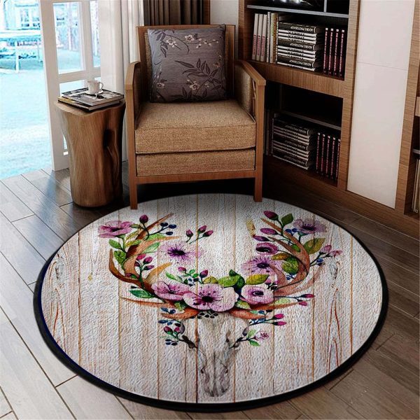 Skull Deer Flower Round Rug, Carpet 07111