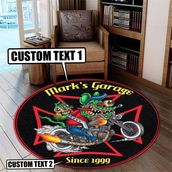 Personalized Hot Rod Garage Decor, Home Bar Decor Motorcycle Garage Decor, Home Bar Decor Chopper Round Mat - Image 2