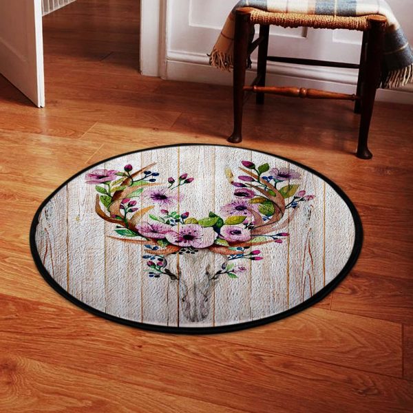 Skull Deer Flower Round Rug, Carpet 07111 - Image 2