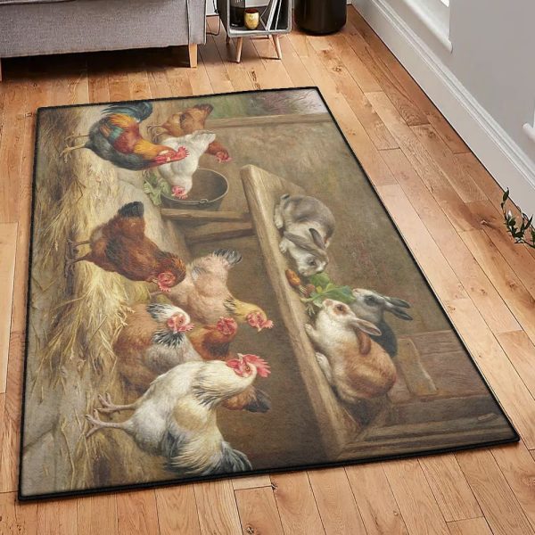 Chicken Carpets Rustic Rooster And Rabbit Rug Rectangle Rugs Washable Area Rug Non-Slip Carpet For Living Room Bedroom