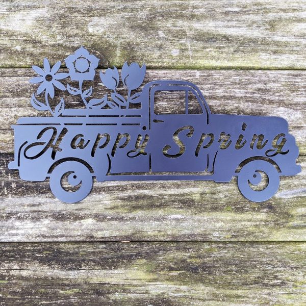 Happy Spring Truck Sign Black Steel Wall Decor Cut Metal Sign Wall Met