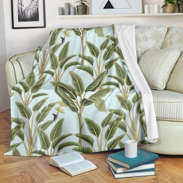 Green Banana Leaf Design Print Blue Fleece Blanket