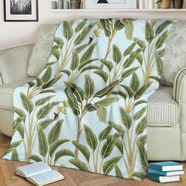 Green Banana Leaf Design Print Blue Fleece Blanket - Image 2