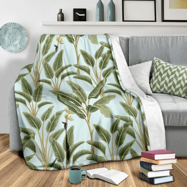 Green Banana Leaf Design Print Blue Fleece Blanket - Image 3