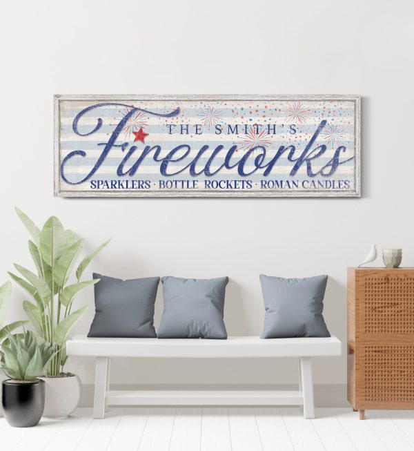 Custom Fireworks Sign, Personalized American Family Name Decor, Rustic 4Th Of July Wall Art, Patriotic Home Decor, Living Room Canvas Print