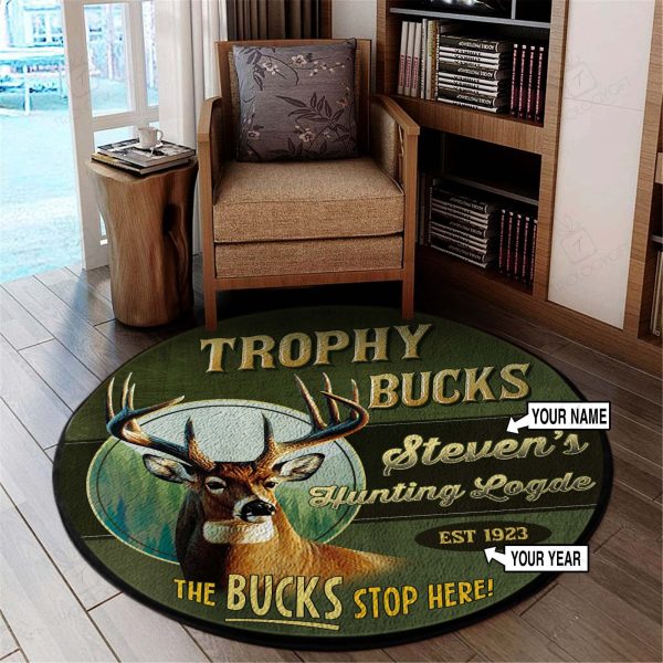 Personalized Hunting Lodge Trophy Buck Round Rug, Carpet 07400