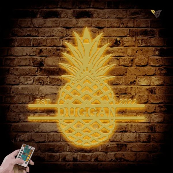 Pineapple Split Name Sign, Metal Wall Art With Led Lights, Metal Wall